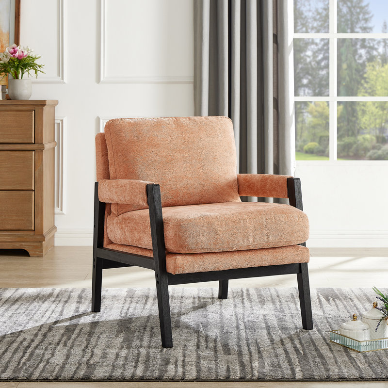 Fauteuil Mid-Century moderne orange - somptueux chenille, dossier réglable, revêtement en bois, matériau chenille, assise,