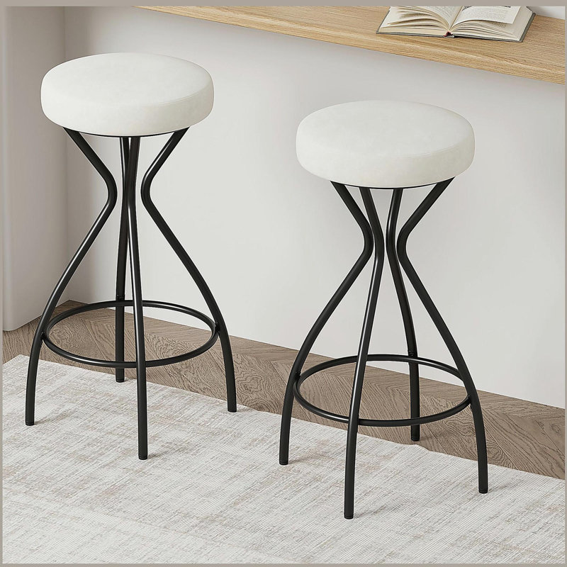 Tabourets de bar modernes rembourrés pour îlot de cuisine (noir + blanc crème, ensemble de 2), Blanc crémeux