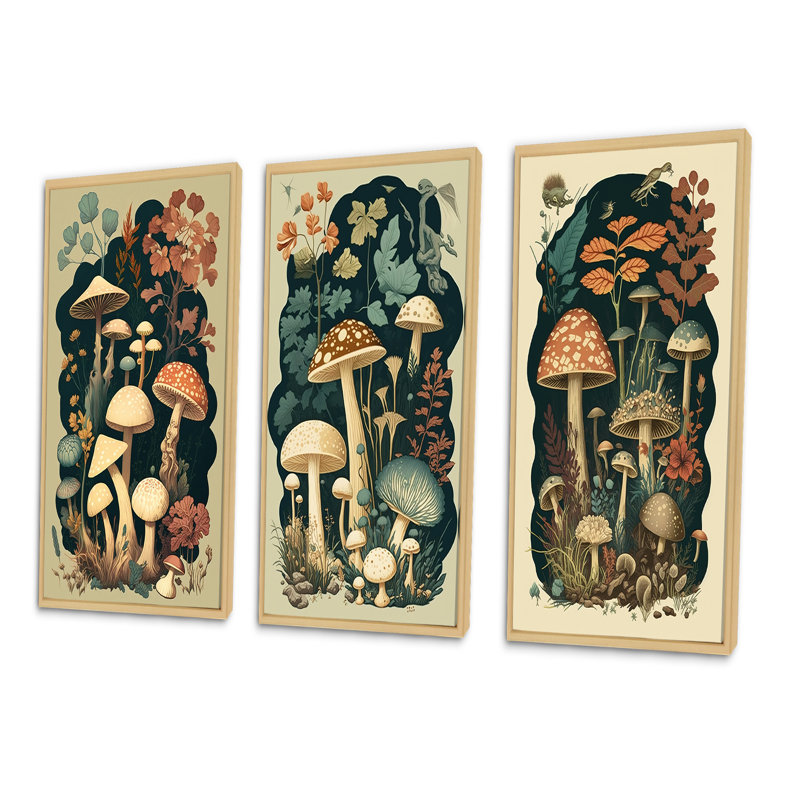 Ensemble de 3 pièces d'art mural rétro sur toile - Champignons rétro Amanita Muscaria, Cadre naturel flottant