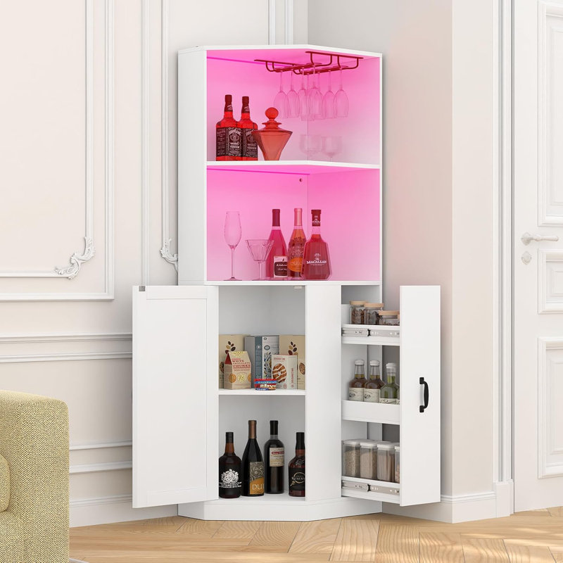 Wine Bar Cabinet with Power Outlet, 6-Tiers Industrial Wine Cabinet with LED Light and Glass Holder, White