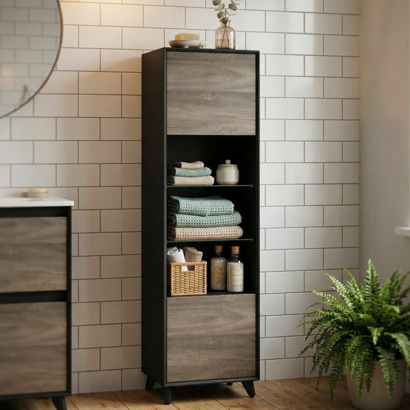 Slim Storage Cabinet With Glass Shelves