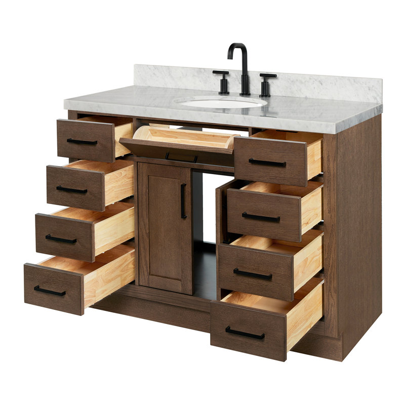 Meuble-lavabo simple en bois massif 48 po avec lavabo en marbre de Carrare 1,5 po Tidworth, Ovale, Chêne brun