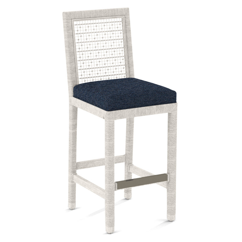 Pine Isle Bar Stool, Sunbrella Beige Pinstripe; 6205-74, Antique Frost White
