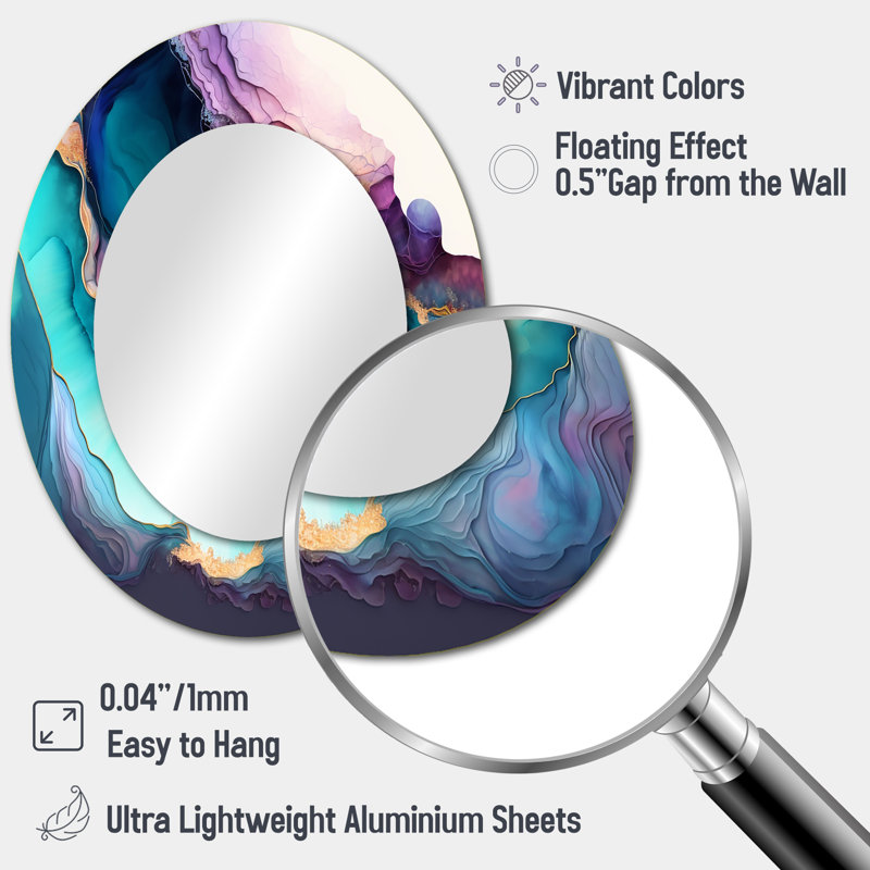 Starkesha Blue Purple Abstract Geode I - Marble Large Wall Mirror, Modern Unique Mirror, Printed Metal Art, 43" x 33", Oval