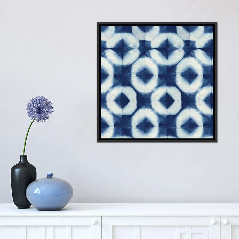 « blue shiboris iii », peinture sur toile, H 18 po x l 18 po x P 1,5 po, Toile encadrée noire, Pas de tapis