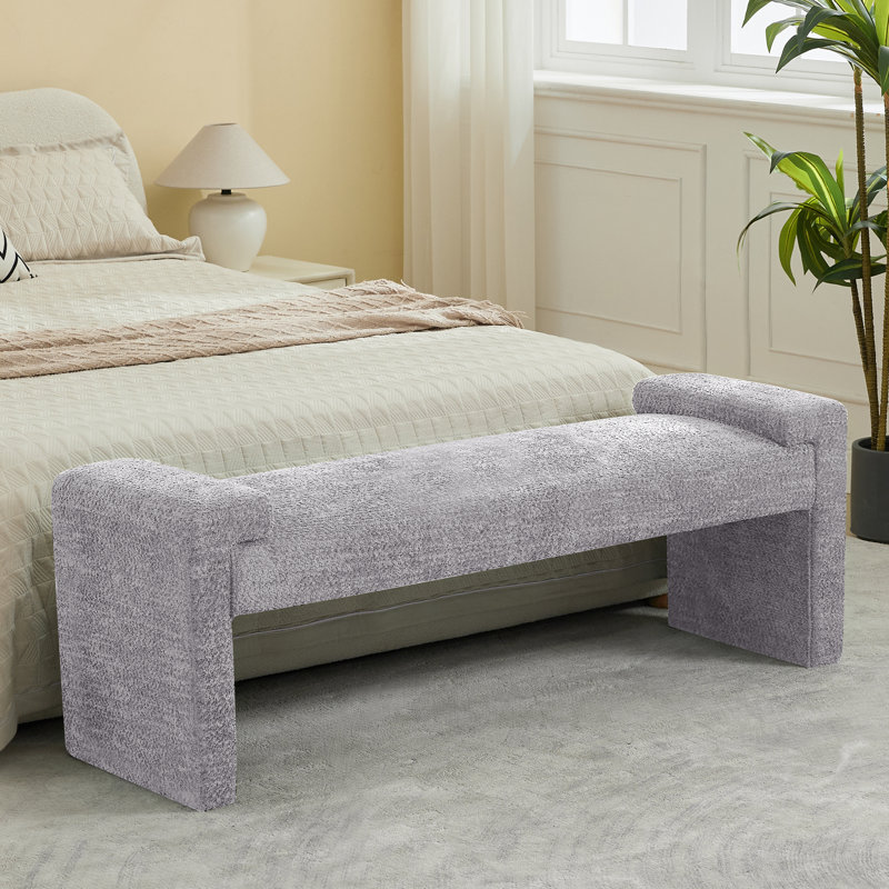 58.6" W Upholstered Bedroom Bench, Gray Sherpa, 20.6" H x 58.6" W x 17.3" D