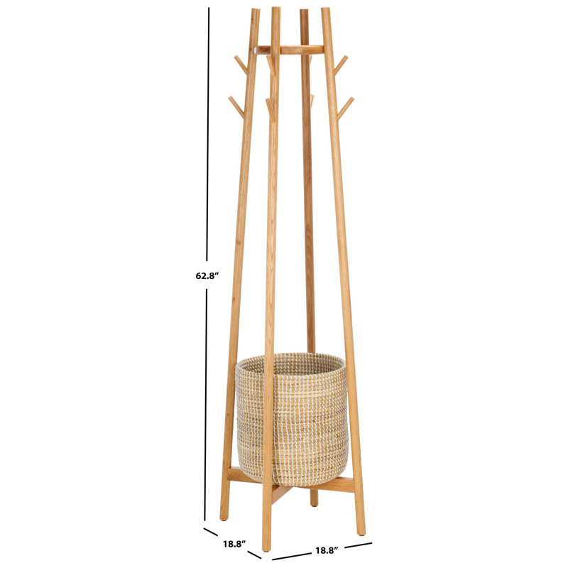 Natural Oak Coat Rack with Woven Basket and Eight Hooks