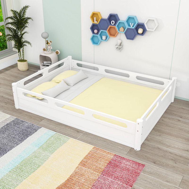 Lit plateforme au sol avec garde-corps, Blanc, Grand lit