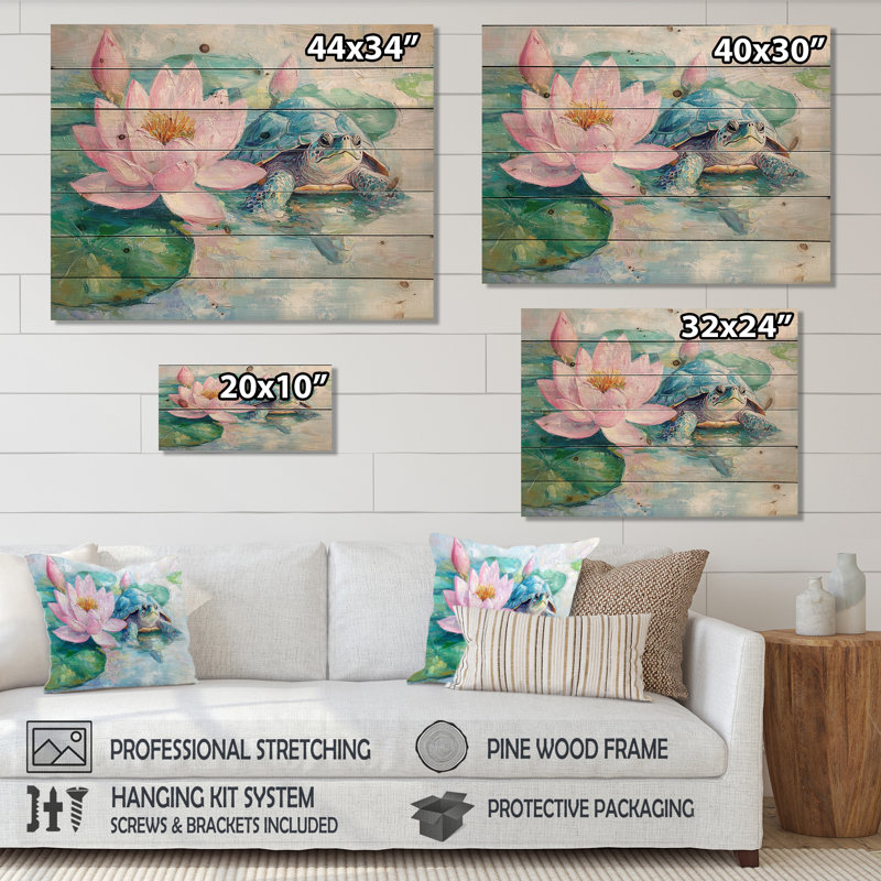 Tortue dans le nénuphar III - impression moderne en bois rose sur bois de pin naturel, H 34 po x l 44 po