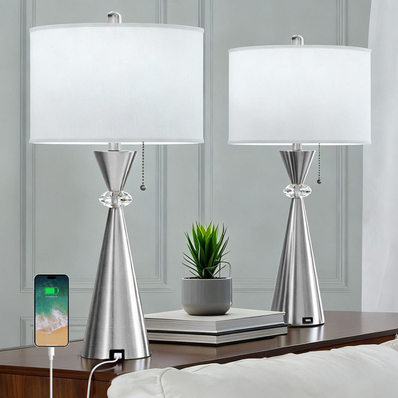 Warrnambool 28" Modern Glam Polished Gold Metal Table Lamp with USB Port for Bedroom Living Room, Polished Nickel
