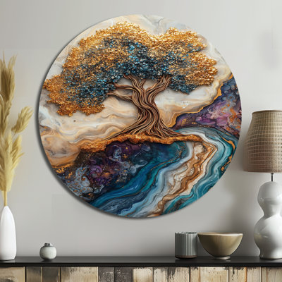 «Aqua Tree of Life Into The River of Existance II» - Art mural rond imprimé arbre de vie