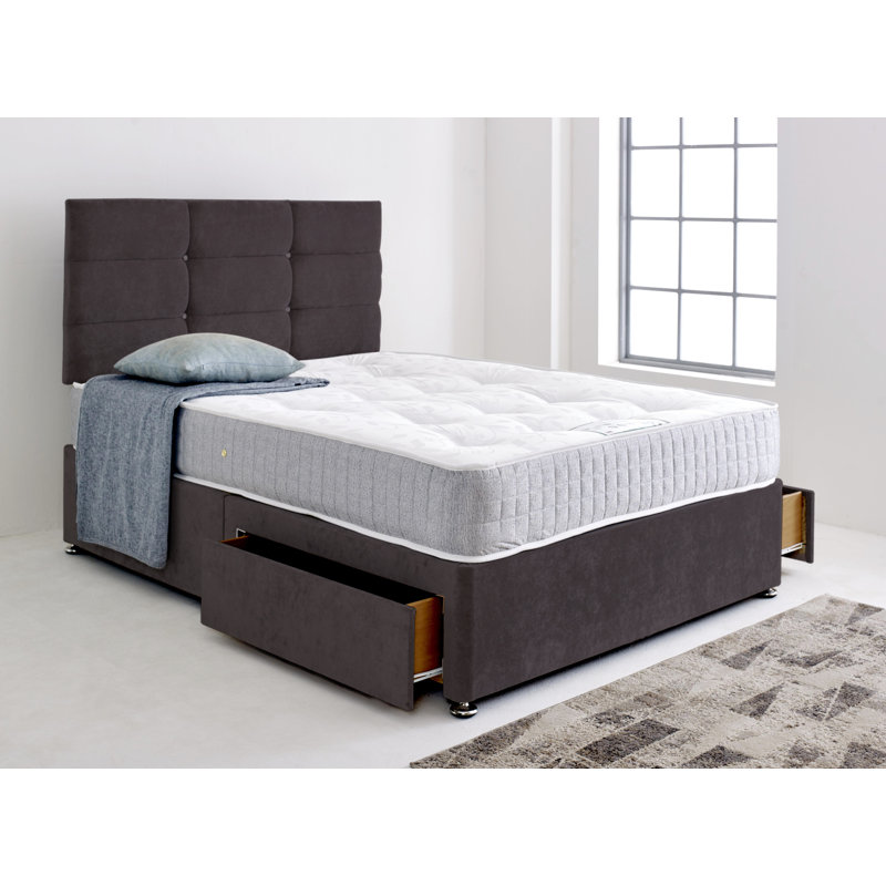 Divan Bed Base with Cube Headboard, Grey Charcoal, 2 Drawers Same Side, Small Single (75 x 190 cm)