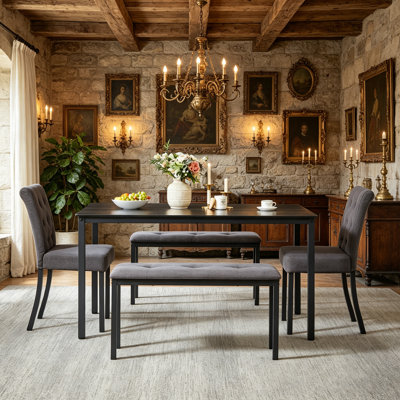 5-piece Dining Table Set, Dining Table With 2 Upholstered Kitchen Chair And 2 Benches