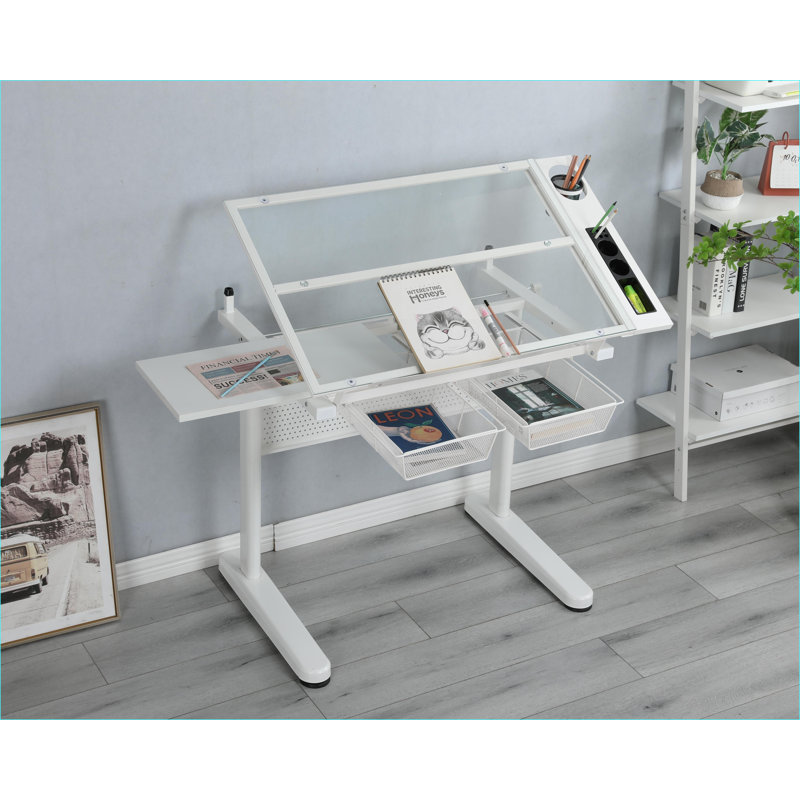 Table à dessin avec manivelle, plateau en verre trempé, 2 tiroirs en métal Tabouret | Blanc | Verre et métal