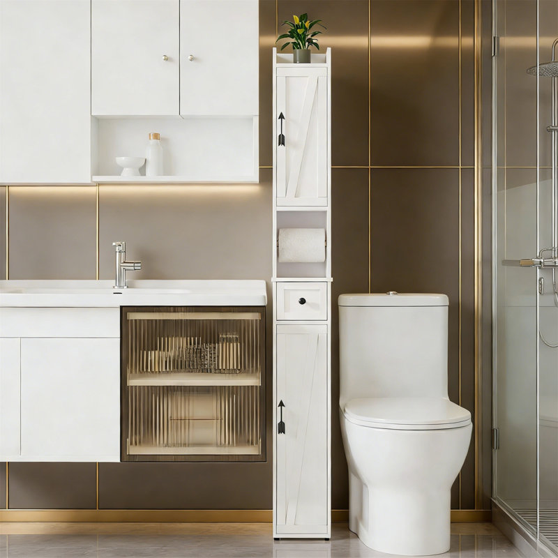 Tall Narrow Bathroom Cabinet With X-Frame Metal Design, Toilet Paper Holder, Magnetic Door, Drawer For Small Spaces - Pearl White