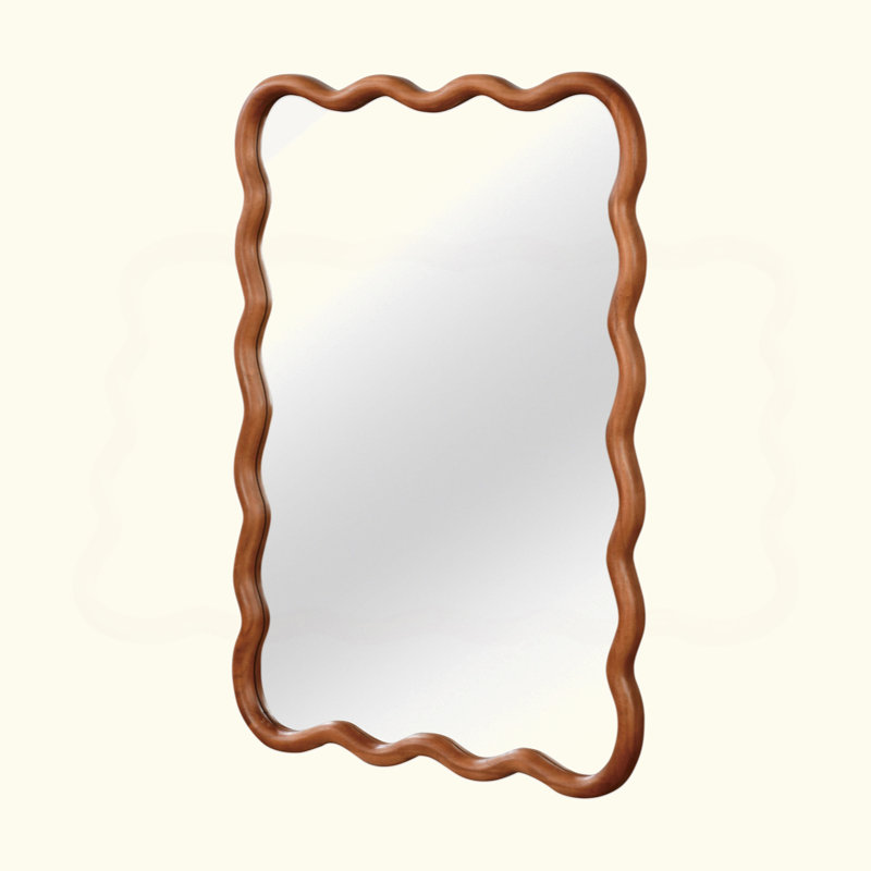 Wavy Rectangle Solid Wood Frame Decorative Mirror,For Bedroom, Bathroom, Living Room, Entryway, Yellowish Brown, 40" x 30"