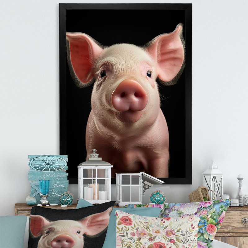 Cochon rose curieux sur toile, H 40 po x l 30 po x P 1,5 po, Cadre photo noir