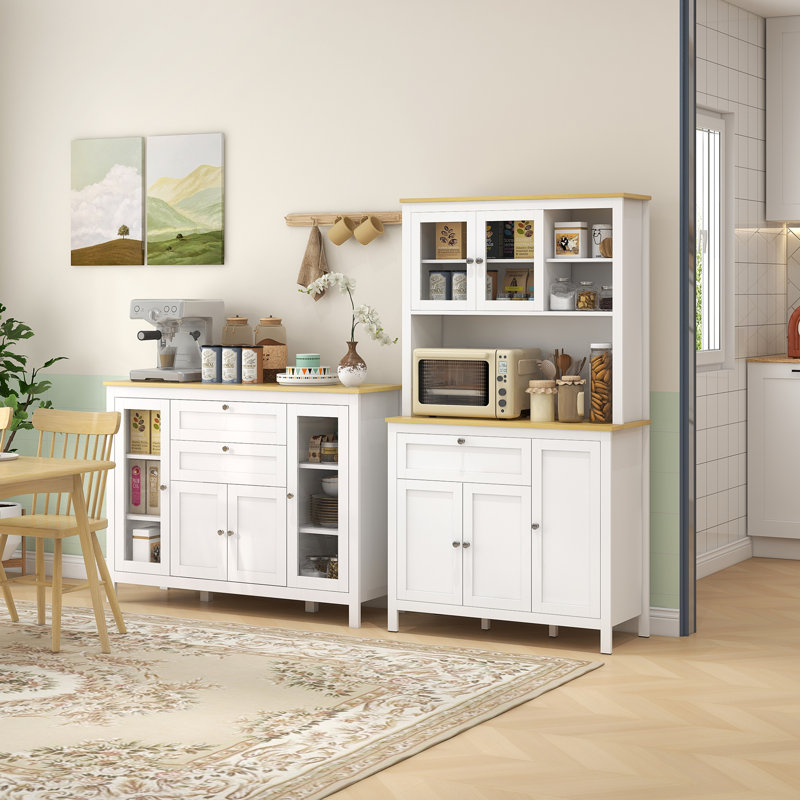 Red Barrel Studio® Modern Buffet Cabinet Sideboard With Storage Cupboard Glass Doors And Adjustable Shelves For Kitchen Living Room Oak White