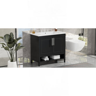 Meuble-lavabo 36 po avec lavabo, armoire de salle de bain multifonctionnelle avec portes et tiroirs, cadre en panneau de fibres à densité moyenne et panneau de fibres à densité moyenne, noir