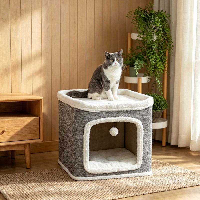 2‑Level Cat Cave Bed Cat House with Top Bed & Fluffy Balls, Grey