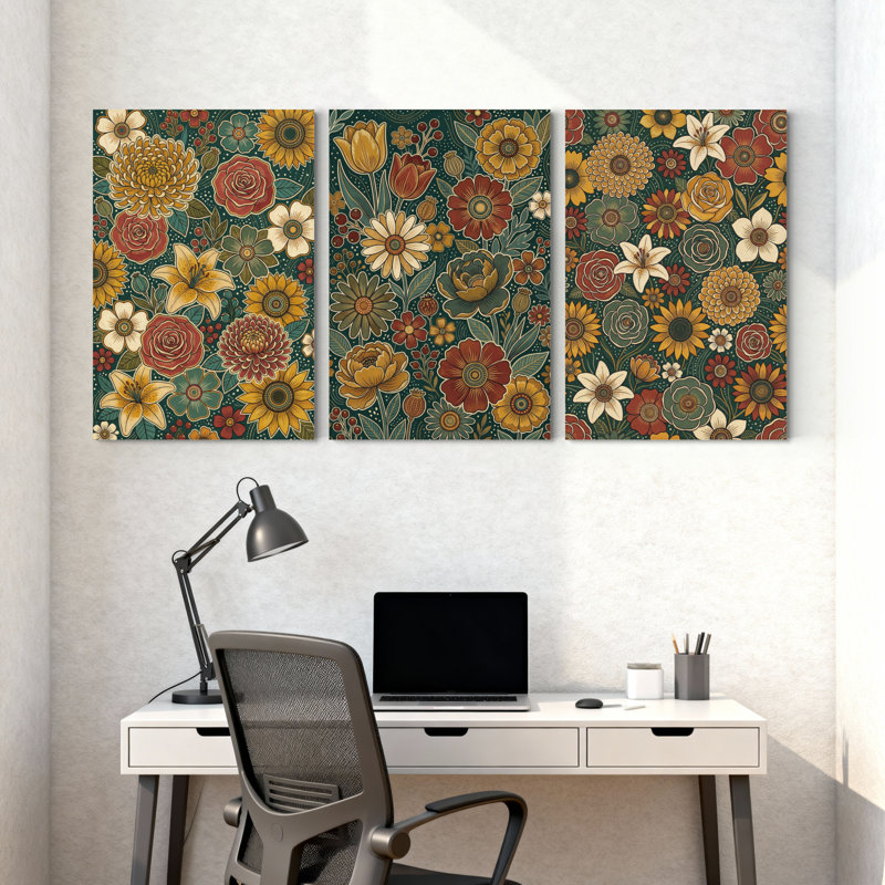 Plantes et fleurs, motif floral avec couleurs vives et motifs détaillés, ensemble de 3 impressions murales sur toile
