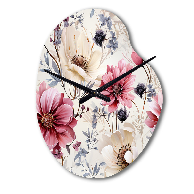 Rose et beige Wildflower Paradise - horloge asymétrique florale en métal, impression d'horloge murale rose, Petit