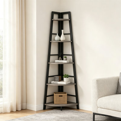 Étagère d'angle à 5 niveaux - Bibliothèque industrielle en bois et métal, présentoir étroit pour le salon, le bureau personnel et les petits espaces