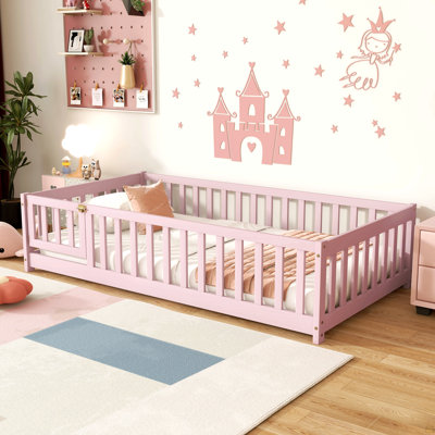 Twin Size Floor Bed with Fence and Door,Rubber Wood Floor Bed with Safety Guardrails,Pink