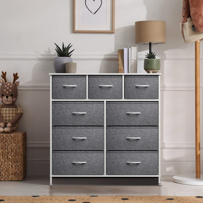 Sorbus 9 Drawers Dresser with Steel Frame and Wood Top, White, White