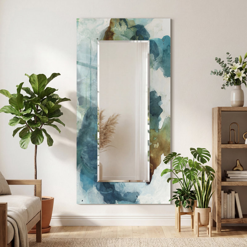"Blue Sky" Rectangular Beveled Mirror on Free Floating Reverse Printed Tempered Art Glass