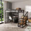 Full-Size Loft Bed with Desk, Wardrobe, and Built-In Staircase - Heavy Metal Frame, Storage Rack, and Charging Station for Adults and Teens