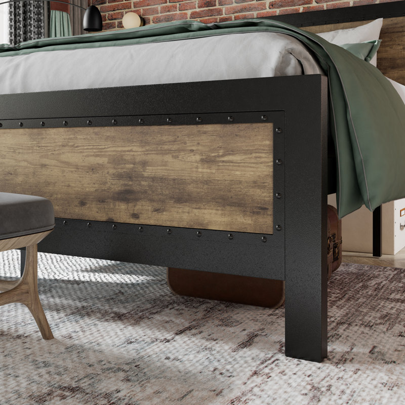 Marla Rivet Metal Frame Platform Bed with Industrial-Inspired Style Headboard , Queen, Vintage Brown