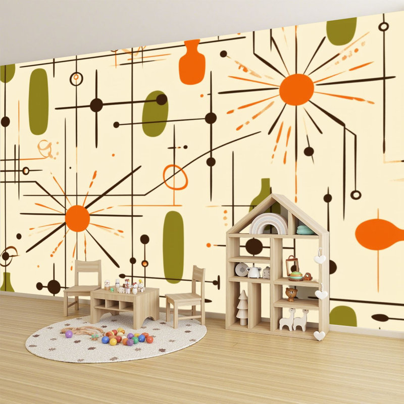 Papier peint adhésif autocollant à motif géométrique abstrait orange Mid Century, L 96 po x l 69 po