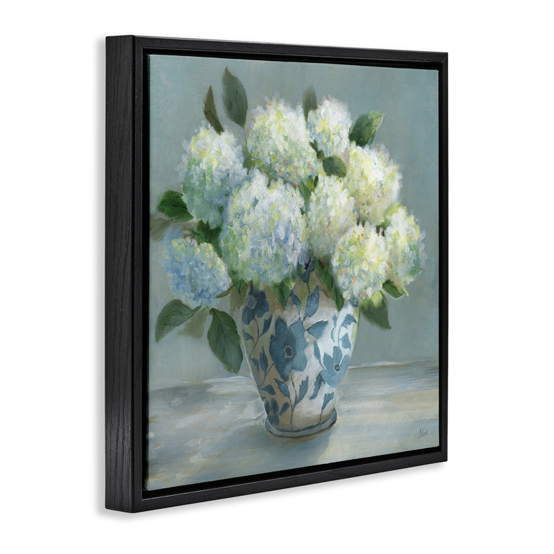 Hortensias dans un élégant cadre flottant dans un vase, design par Nan, H 18 po x l 18 po, Cadre flottant noir de jais