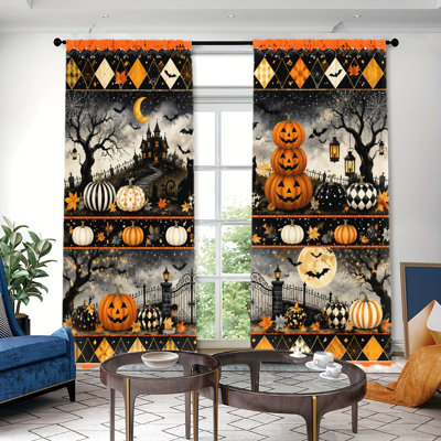 Ensemble de 2 rideaux occultants à motif citrouille, château, chauve-souris et lune, inspirés d'Halloween. Style à œillets, parfaits pour le salon, la chambre à coucher, la salle à manger, le bureau et pour une décoration intérieure esthétique.