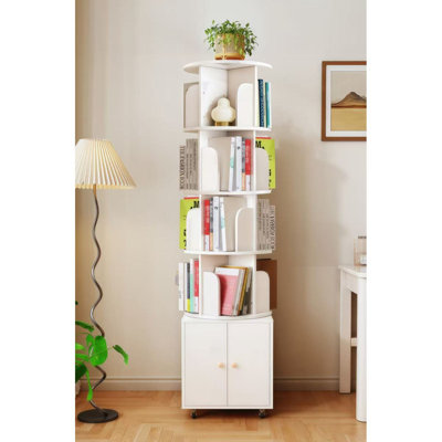 Rotating Bookshelf, 360 Degree Display 5 Tier Corner Bookshelf With Drawer For Small Space, Floor Standing Heise Storage Rack, Wood Narrow Book Shelf Organizer