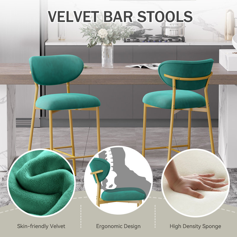 Bar Height Bar Stools Set Of 2, Velvet Ergonomic Modern Counter Stool With Back, Comfy Bar Chairs With Powder Sprayed Golden Metal Legs