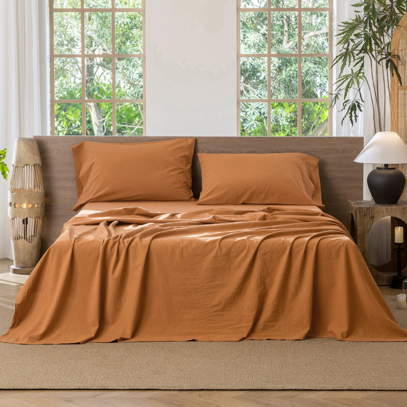 MooMee Flat Sheet 100% Washed Cotton Linen Like Textured Breathable Lightweight, King Flat Sheet, Burnt Orange