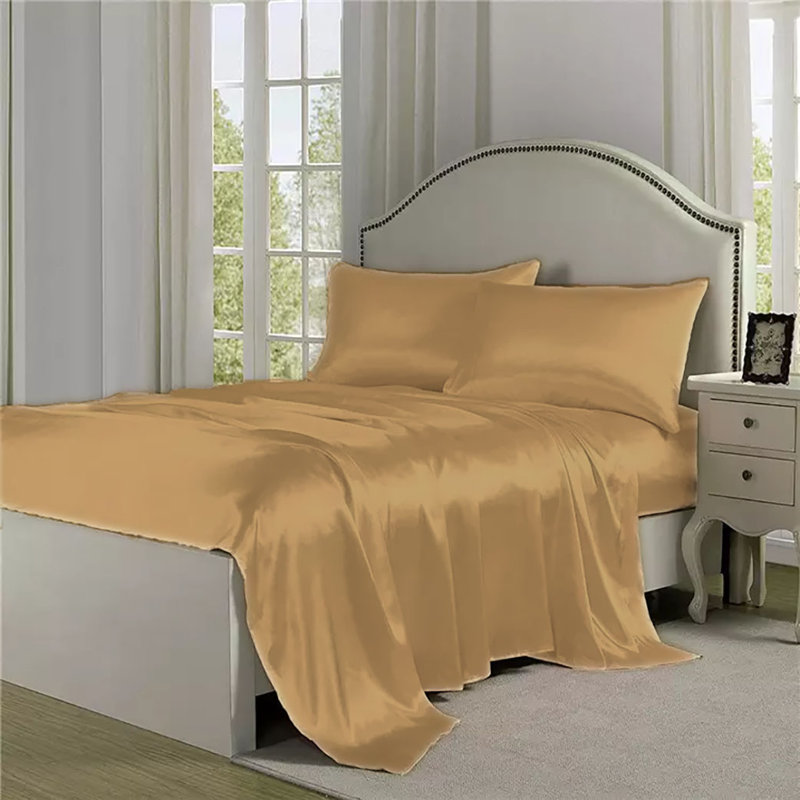 Ensemble de draps 4 pièces en satin doux et soyeux, Ensemble de draps pour très grand lit avec 2 taie, Doré