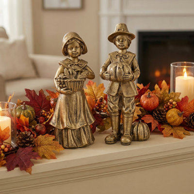 9.5" Resin Pilgrim Boy and Girl 