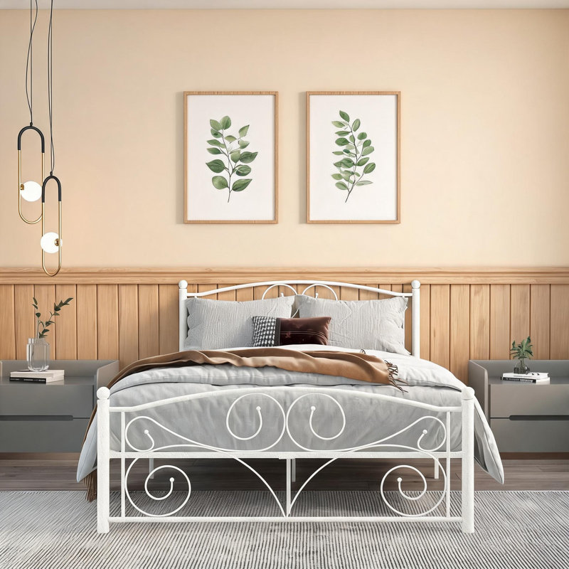 Queen-Size Metal Bed Frame With Creative Floral Design, Complete Headboard And Footboard, Sturdy And Durable Structure.