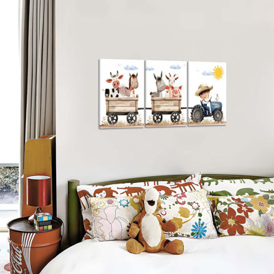 3 pièces mignons animaux de ferme toile art pépinière de bande dessinée aquarelle peinture animalière image murale tracteur impression affiche pour chambre de bébé salle de jeux chambre d'enfants décoration de la maison 16 x 24 pouces