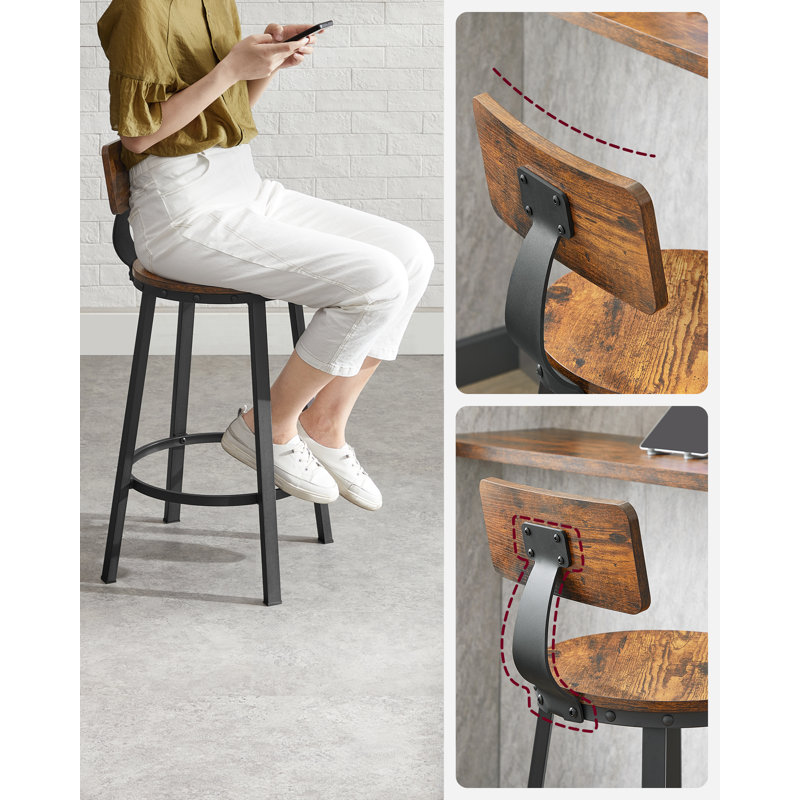 Bar Stools Kitchen Stools Set Of 2 High Back Bar Stools Steel Frame 62.5Cm High Seat Easy Assembly Industrial Rustic Brown And Black