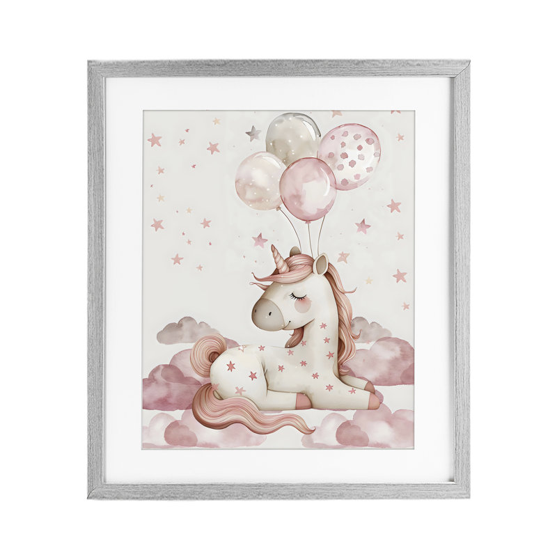 Licorne rose avec ballons, reproduction sous verre, design par LSR Design Studio, H 21 po x l 17 po, Cadre de ferme gris