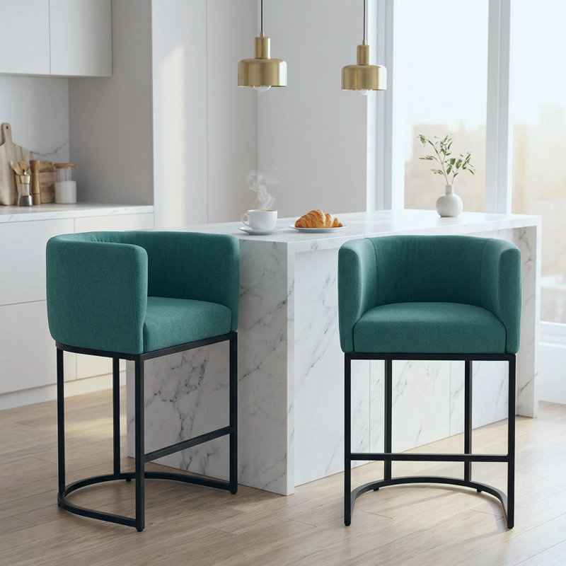 Upholstered Bar Stool with Iron Frame, Green / Black