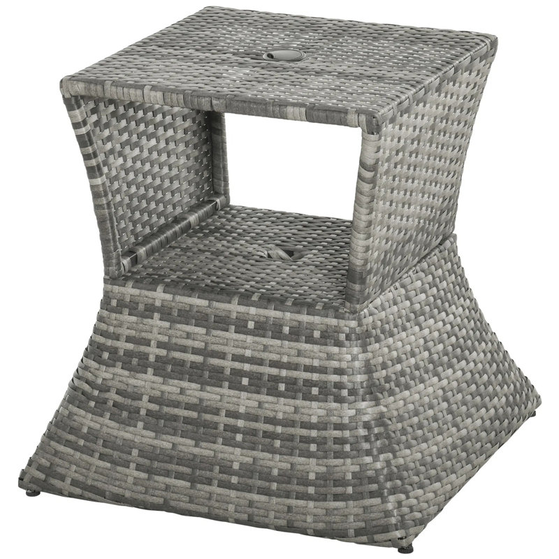 Table d'appoint de patio, table de bout d'extérieur toutes saisons avec trou pour parasol central, grand espace de rangement en rotin tissé à la main pour une utilisation dans le jardin au bord de la piscine