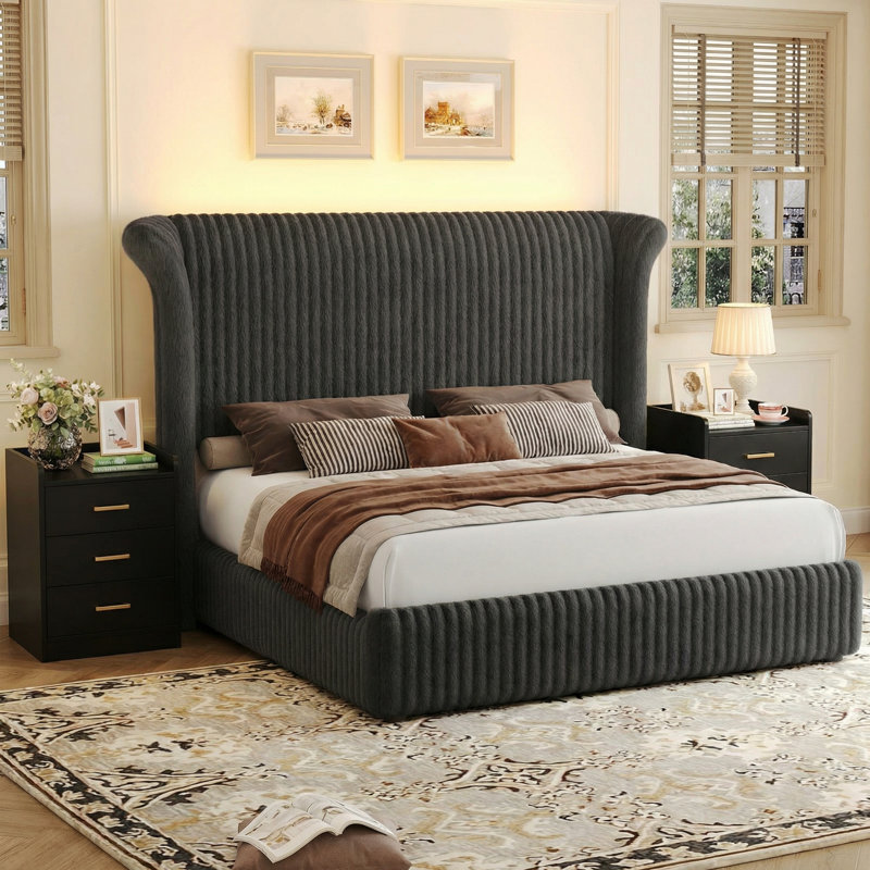 Ensemble de chambre à coucher 3 pièces, lit tapissier avec 2 tables de chevet avec 3 tiroirs et chargement USB, taille compacte pouvant servir de tables d'appoint