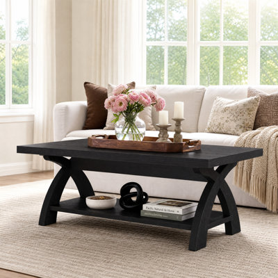 Solid Wood Coffee Table With Storage Shelf, Rustic Rectangular Center Table