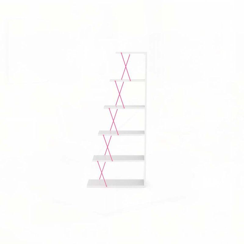 Bibliothèque moderne à 5 niveaux avec échelle, bibliothèque étroite pour petits espaces, blanc / rose