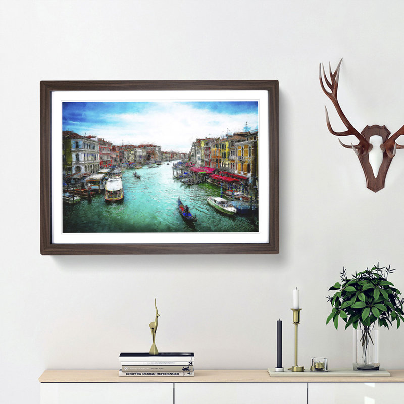 Gondolas in Venice Italy - Picture Frame Graphic Art Print, 62cm H x 87cm W x 2cm D, Walnut Framed